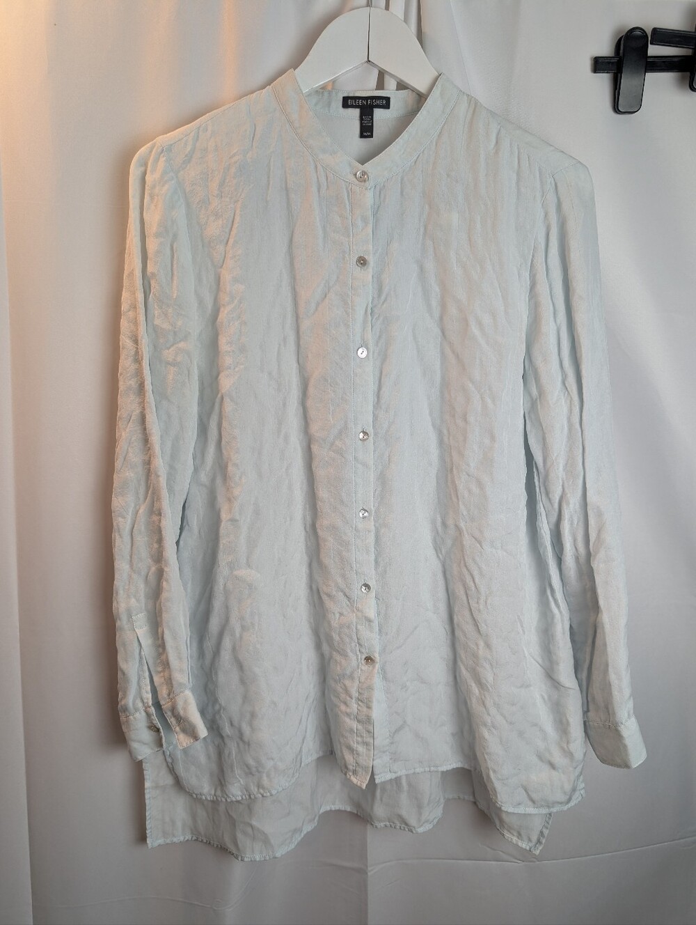 Eileen Fisher Soft Light Blue Button-Front Band-Collar Shirt Size In EUC
